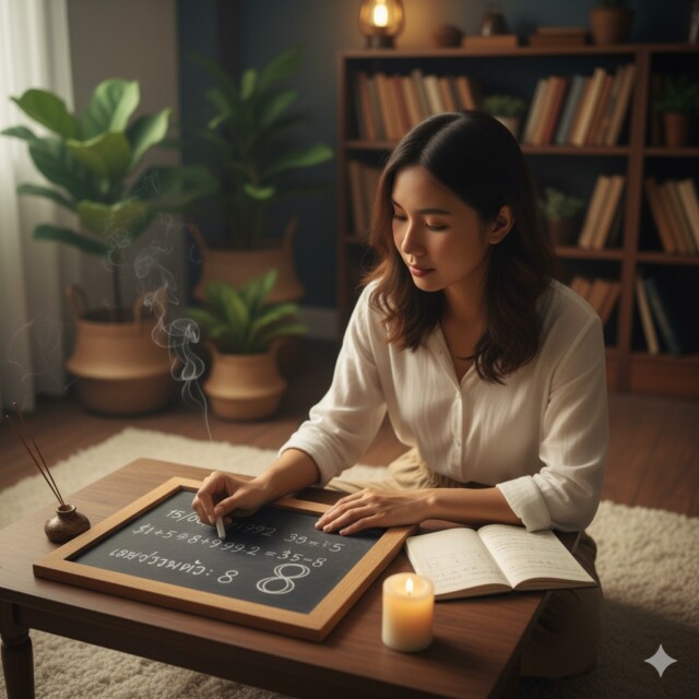 หญิงสาวดูดวงด้วยตนเอง โดยใช้การเขียนเลขบนแผ่นกระดาน