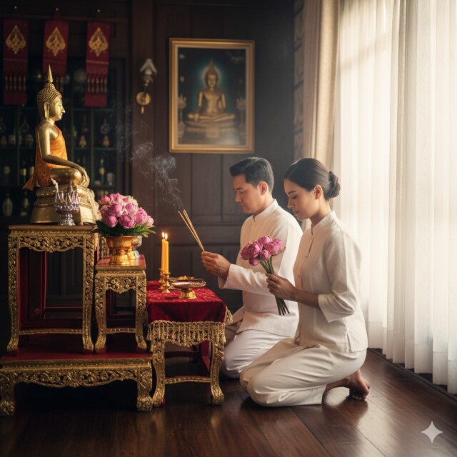 การถวายดอกไม้ ธูป เทียน ก่อนสวดมนต์