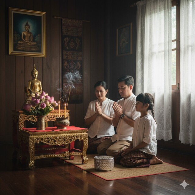 การสวดมนต์ ๕ ระยะ หลังจากการถวายดอกไม้ ธูปเทียน