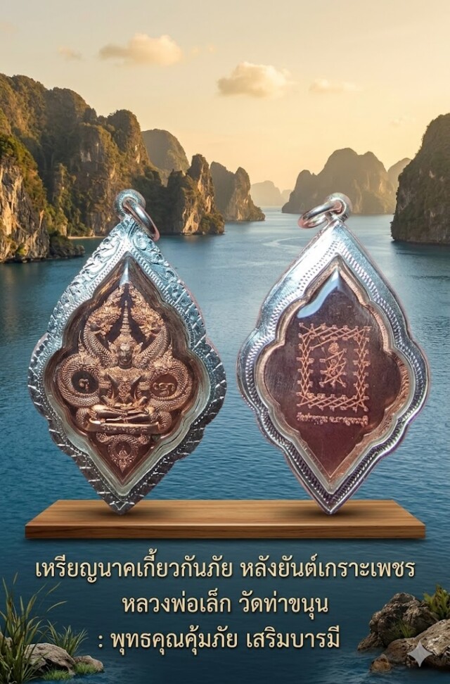 เหรียญนาคเกี้ยวกันภัย หลังยันต์เกราะเพชร หลวงพ่อเล็ก วัดท่าขนุน : พุทธคุณคุ้มภัย เสริมบารมี